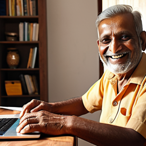 Home 23 **
A cheerful 65-year-old Indian man, Ramlal Ji, smiling as he works on a computer in his home. He is participating in an online course or working remotely. The setting is warm and inviting, suggesting a comfortable home environment. The overall impression is one of empowerment and renewed purpose.
**