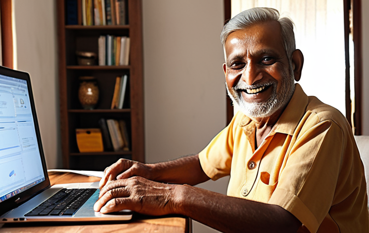 **
A cheerful 65-year-old Indian man, Ramlal Ji, smiling as he works on a computer in his home. He is participating in an online course or working remotely. The setting is warm and inviting, suggesting a comfortable home environment. The overall impression is one of empowerment and renewed purpose.
**
