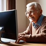 **Senior citizen using a computer:** A smiling senior citizen is sitting at a desk, using a desktop computer. The background is a cozy home environment.