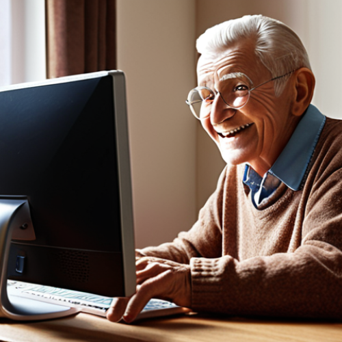 Home 22 **Senior citizen using a computer:** A smiling senior citizen is sitting at a desk, using a desktop computer. The background is a cozy home environment.