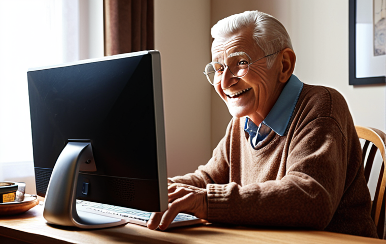 **Senior citizen using a computer:** A smiling senior citizen is sitting at a desk, using a desktop computer. The background is a cozy home environment.