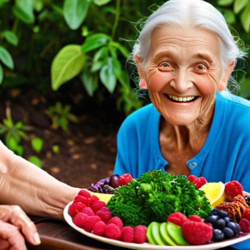 Home 21 **A vibrant, colorful plate filled with antioxidant-rich foods like berries, leafy green vegetables, and a small piece of dark chocolate, with a senior citizen smiling in the background.**