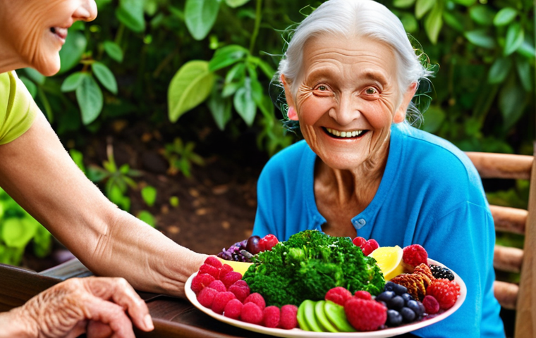 **A vibrant, colorful plate filled with antioxidant-rich foods like berries, leafy green vegetables, and a small piece of dark chocolate, with a senior citizen smiling in the background.**
