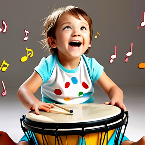 Home 20 **
A young child (3-4 years old) happily playing a simple drum. Bright colors, playful atmosphere, with musical notes floating in the air. Emphasis on joy and early learning.
**