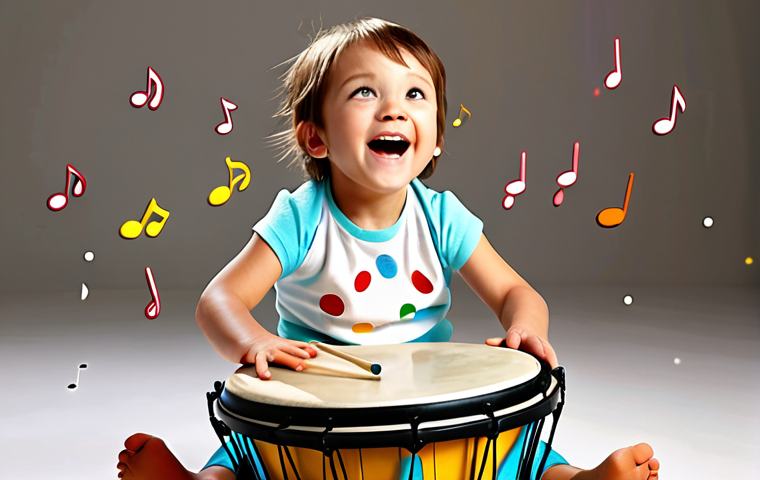 **
A young child (3-4 years old) happily playing a simple drum. Bright colors, playful atmosphere, with musical notes floating in the air. Emphasis on joy and early learning.
**