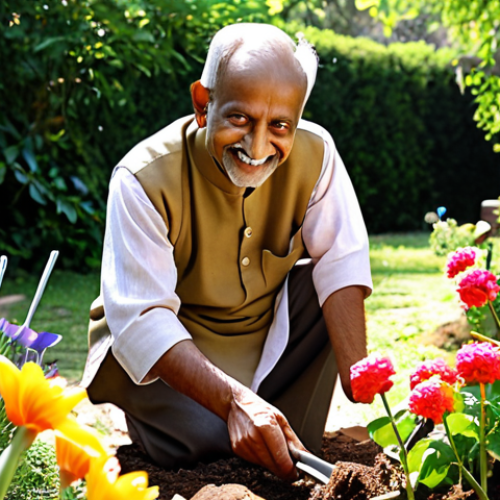 Home 9 **A cheerful elderly Indian man in his garden, tending to plants. Sunlight dappled through the trees. He wears a traditional kurta and has a kind smile. Focus on the vibrant colors of the flowers and the man's peaceful expression. Include gardening tools nearby.**