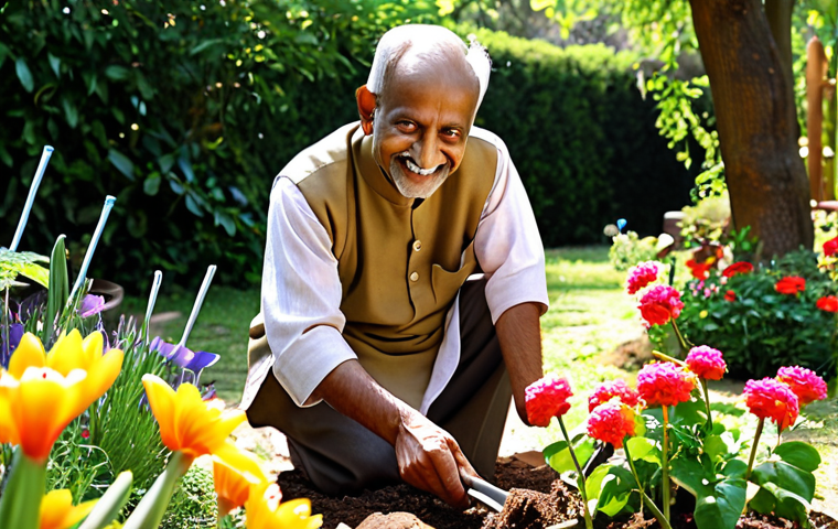 **A cheerful elderly Indian man in his garden, tending to plants. Sunlight dappled through the trees. He wears a traditional kurta and has a kind smile. Focus on the vibrant colors of the flowers and the man's peaceful expression. Include gardening tools nearby.**