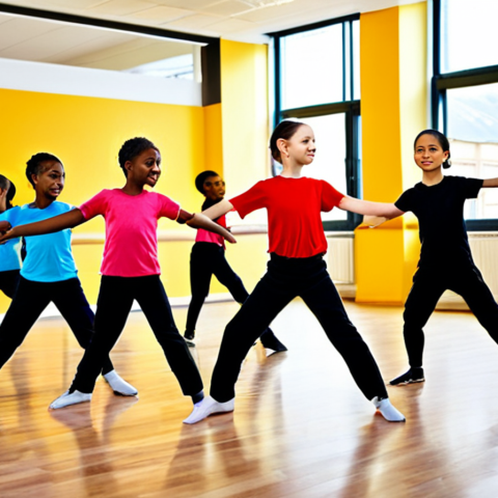 A group of diverse children, aged 8-12, fully clothed in modest, professional dance attire, joyfully practicing a choreographed dance routine in a brightly lit, modern dance studio. They are showcasing excellent coordination, flexibility, and concentration. The background features large mirrors and a smooth wooden floor, creating an inspiring and clean environment. The atmosphere is energetic and positive, emphasizing physical and mental development. perfect anatomy, correct proportions, natural pose, well-formed hands, proper finger count, natural body proportions, professional studio photography, high resolution, soft lighting, vibrant colors, safe for work, appropriate content, fully clothed, modest, family-friendly.