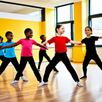 A group of diverse children, aged 8-12, fully clothed in modest, professional dance attire, joyfully practicing a choreographed dance routine in a brightly lit, modern dance studio. They are showcasing excellent coordination, flexibility, and concentration. The background features large mirrors and a smooth wooden floor, creating an inspiring and clean environment. The atmosphere is energetic and positive, emphasizing physical and mental development. perfect anatomy, correct proportions, natural pose, well-formed hands, proper finger count, natural body proportions, professional studio photography, high resolution, soft lighting, vibrant colors, safe for work, appropriate content, fully clothed, modest, family-friendly.