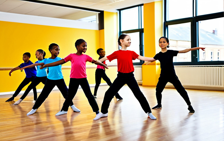 A group of diverse children, aged 8-12, fully clothed in modest, professional dance attire, joyfully practicing a choreographed dance routine in a brightly lit, modern dance studio. They are showcasing excellent coordination, flexibility, and concentration. The background features large mirrors and a smooth wooden floor, creating an inspiring and clean environment. The atmosphere is energetic and positive, emphasizing physical and mental development. perfect anatomy, correct proportions, natural pose, well-formed hands, proper finger count, natural body proportions, professional studio photography, high resolution, soft lighting, vibrant colors, safe for work, appropriate content, fully clothed, modest, family-friendly.
