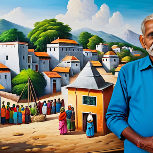 Home 23 **
"An elderly Indian artist, fully clothed in traditional modest attire, stands proudly beside their painting depicting a vibrant village scene from their youth, safe for work, appropriate content, professional, perfect anatomy, natural proportions, well-formed hands, proper finger count, family-friendly."
**