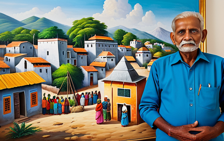 **
"An elderly Indian artist, fully clothed in traditional modest attire, stands proudly beside their painting depicting a vibrant village scene from their youth, safe for work, appropriate content, professional, perfect anatomy, natural proportions, well-formed hands, proper finger count, family-friendly."
**
