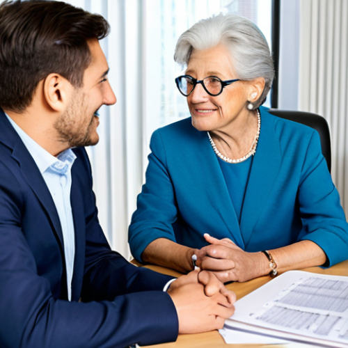 Home 21 Financial Planning for Elderly Care**
"A professional financial advisor meeting with a fully clothed, elderly couple in a bright, modern office setting. They are discussing retirement plans and healthcare costs. The scene emphasizes security and peace of mind. Safe for work, appropriate content, professional, modest, family-friendly, perfect anatomy, natural proportions, well-formed hands."
**
