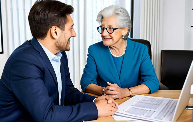 Financial Planning for Elderly Care**
"A professional financial advisor meeting with a fully clothed, elderly couple in a bright, modern office setting. They are discussing retirement plans and healthcare costs. The scene emphasizes security and peace of mind. Safe for work, appropriate content, professional, modest, family-friendly, perfect anatomy, natural proportions, well-formed hands."
**