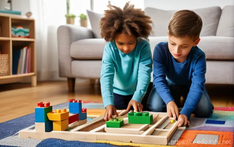 아동 놀이 활동 - **Prompt 2: Outdoor Mud Kitchen Adventure**
    Two children, a boy and a girl aged around 7 and 9, ...