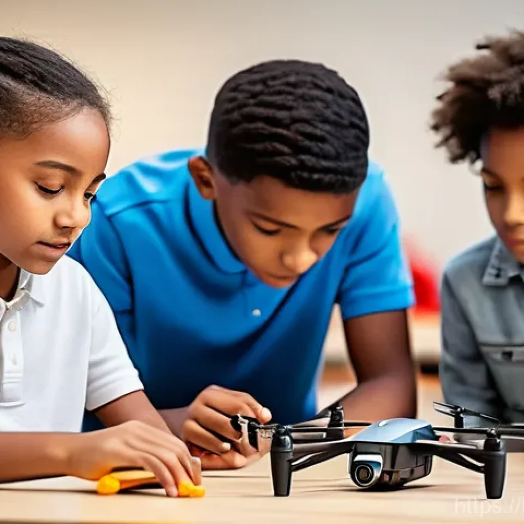 아동 드론 교육 - **Prompt 1: Young Engineers Assembling Drones**
"A diverse group of 8-12 year old children, wear...