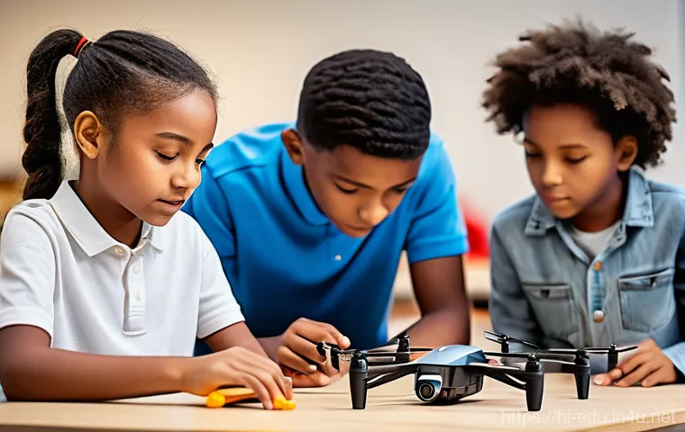 아동 드론 교육 - **Prompt 1: Young Engineers Assembling Drones**
"A diverse group of 8-12 year old children, wear...