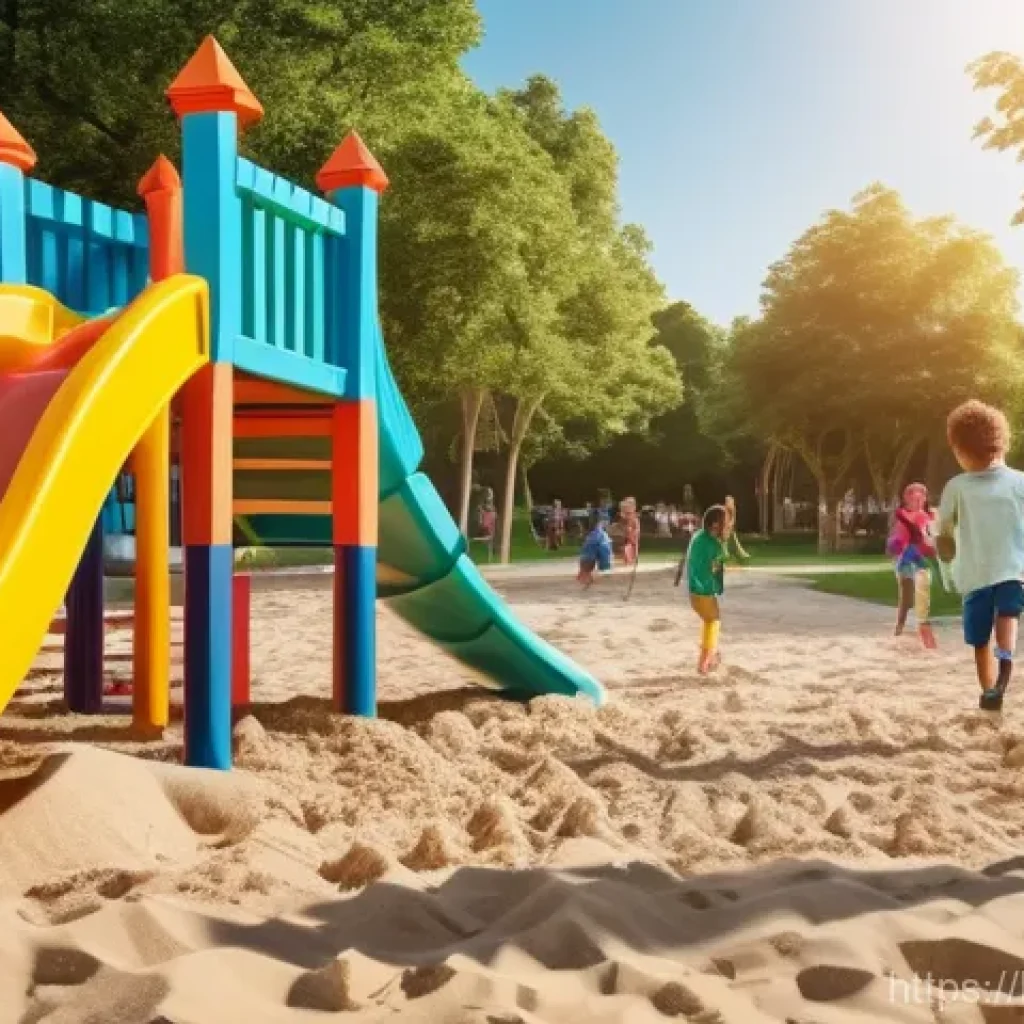 아이의 사회적 상호작용 - **Prompt:** A vibrant, sun-drenched park scene depicting a diverse group of children, aged 6-10, tra...