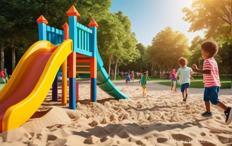 아이의 사회적 상호작용 - **Prompt:** A vibrant, sun-drenched park scene depicting a diverse group of children, aged 6-10, tra...