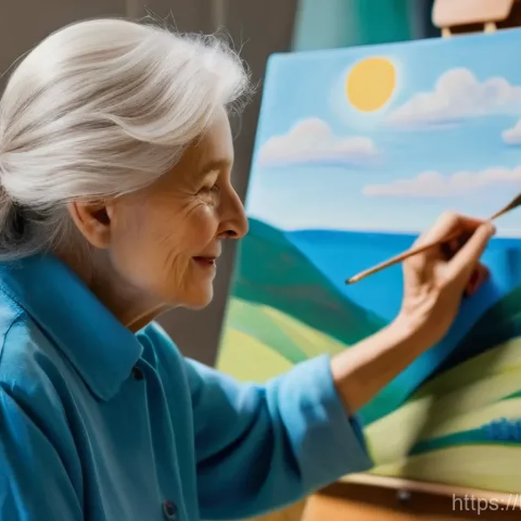 시니어 그림 수업 - A joyful elderly woman, in her late 70s, with kind eyes and a gentle smile, intently focused on pain...