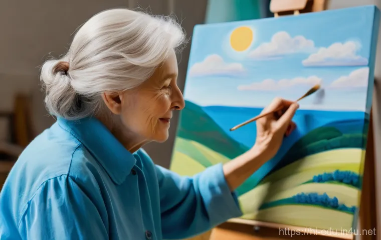 시니어 그림 수업 - A joyful elderly woman, in her late 70s, with kind eyes and a gentle smile, intently focused on pain...