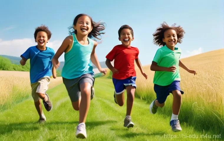 아이들의 발달적 놀이 - Image Prompt 1: Joyful Outdoor Adventure** 아이들의 발달적 놀이 - Image Prompt 1: Joyful Outdoor Adventure**