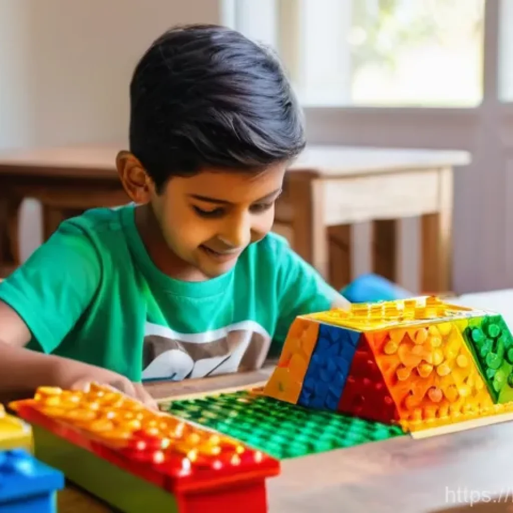 아이의 집중력 향상 - A happy 7-year-old Indian child, wearing a colorful t-shirt and shorts, is sitting at a wooden table...