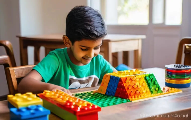 아이의 집중력 향상 - A happy 7-year-old Indian child, wearing a colorful t-shirt and shorts, is sitting at a wooden table...