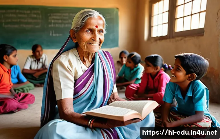 시니어 봉사활동 - **Prompt: Wisdom Shared in a Village Classroom**
A heartwarming, photorealistic image of an elde...