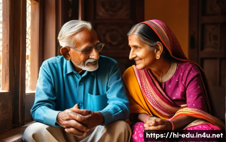 시니어 이야기 만들기 - An elderly Indian man and woman sitting together in a traditional home setting, sharing heartfelt st...