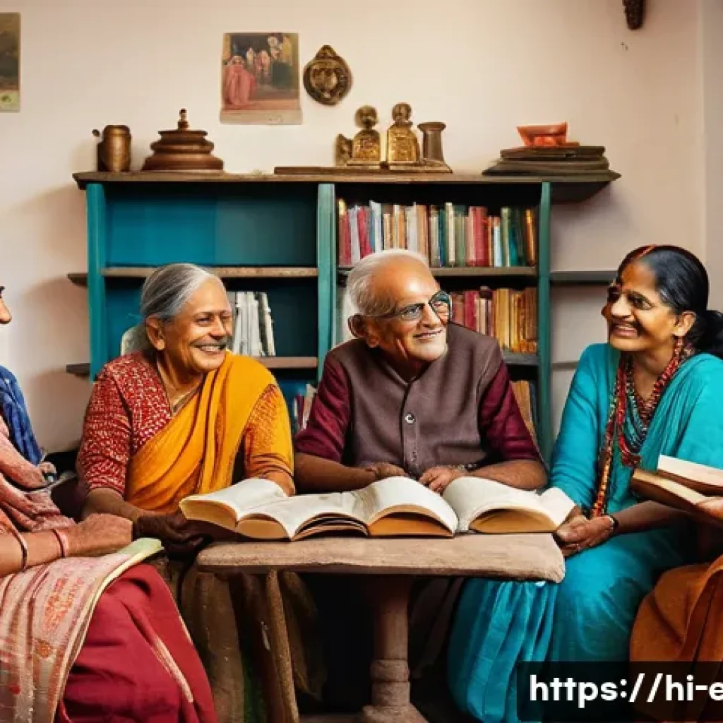 시니어 문학 수업 - A warm and inviting scene of a group of elderly Indian men and women sitting in a cozy classroom fil...