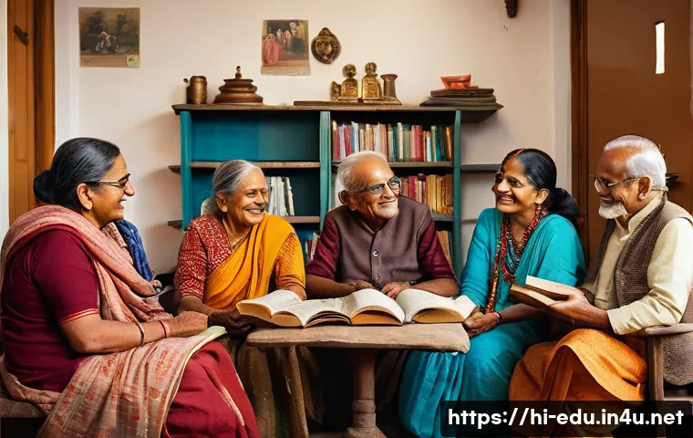 시니어 문학 수업 - A warm and inviting scene of a group of elderly Indian men and women sitting in a cozy classroom fil...