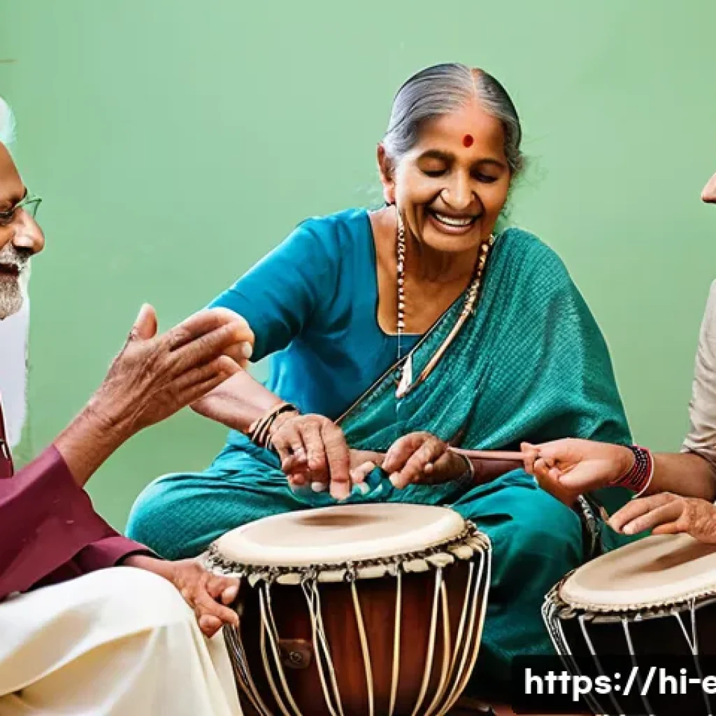 시니어 음악 수업 - A warm and inviting music class for elderly Indian individuals, featuring a diverse group of seniors...