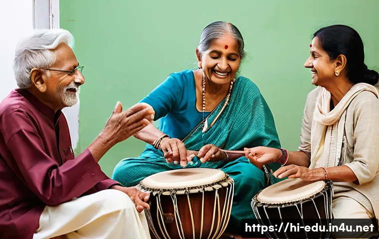 시니어 음악 수업 - A warm and inviting music class for elderly Indian individuals, featuring a diverse group of seniors...