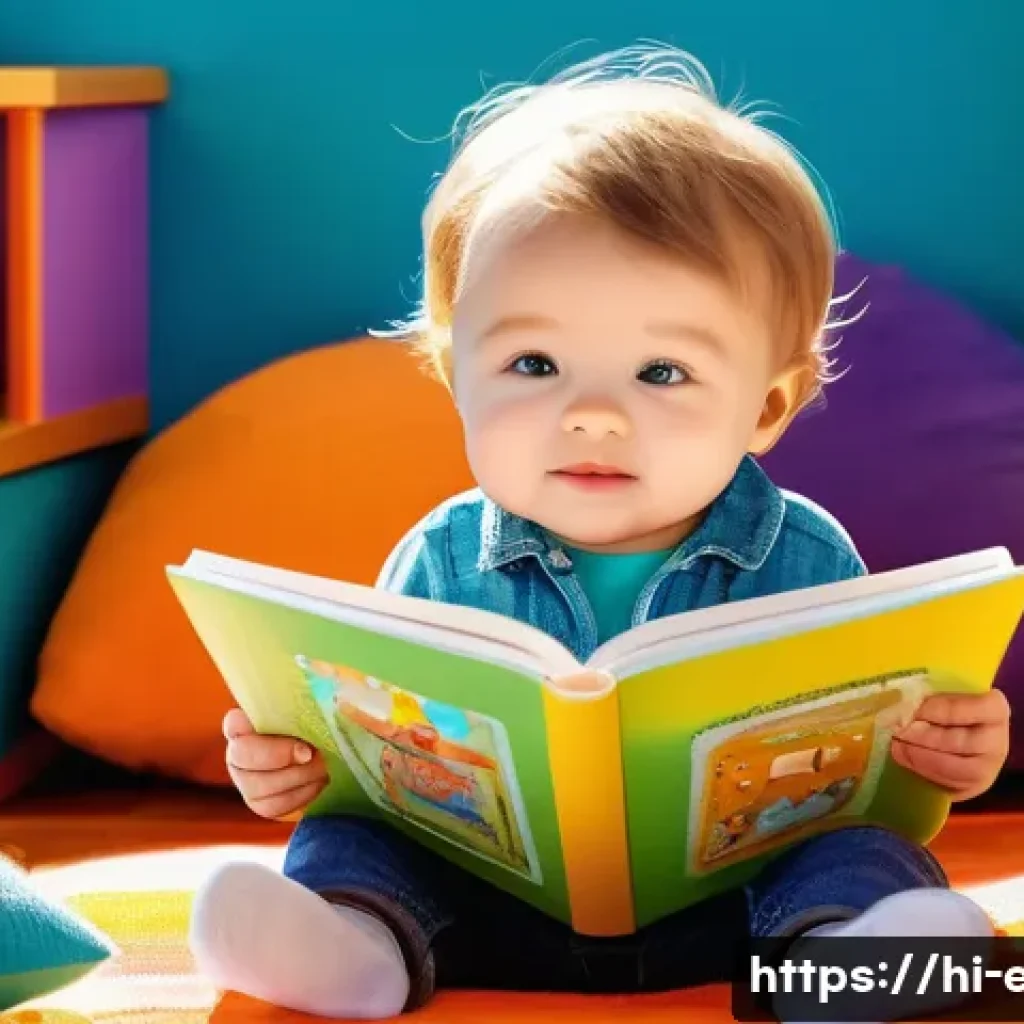 아동 그림책 읽기 - A vibrant and colorful illustration of a toddler aged 0-2 years sitting comfortably while exploring ...