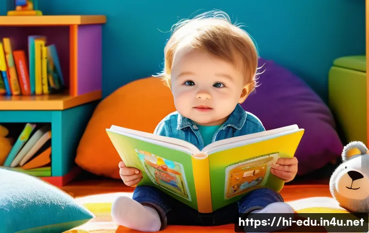 아동 그림책 읽기 - A vibrant and colorful illustration of a toddler aged 0-2 years sitting comfortably while exploring ...