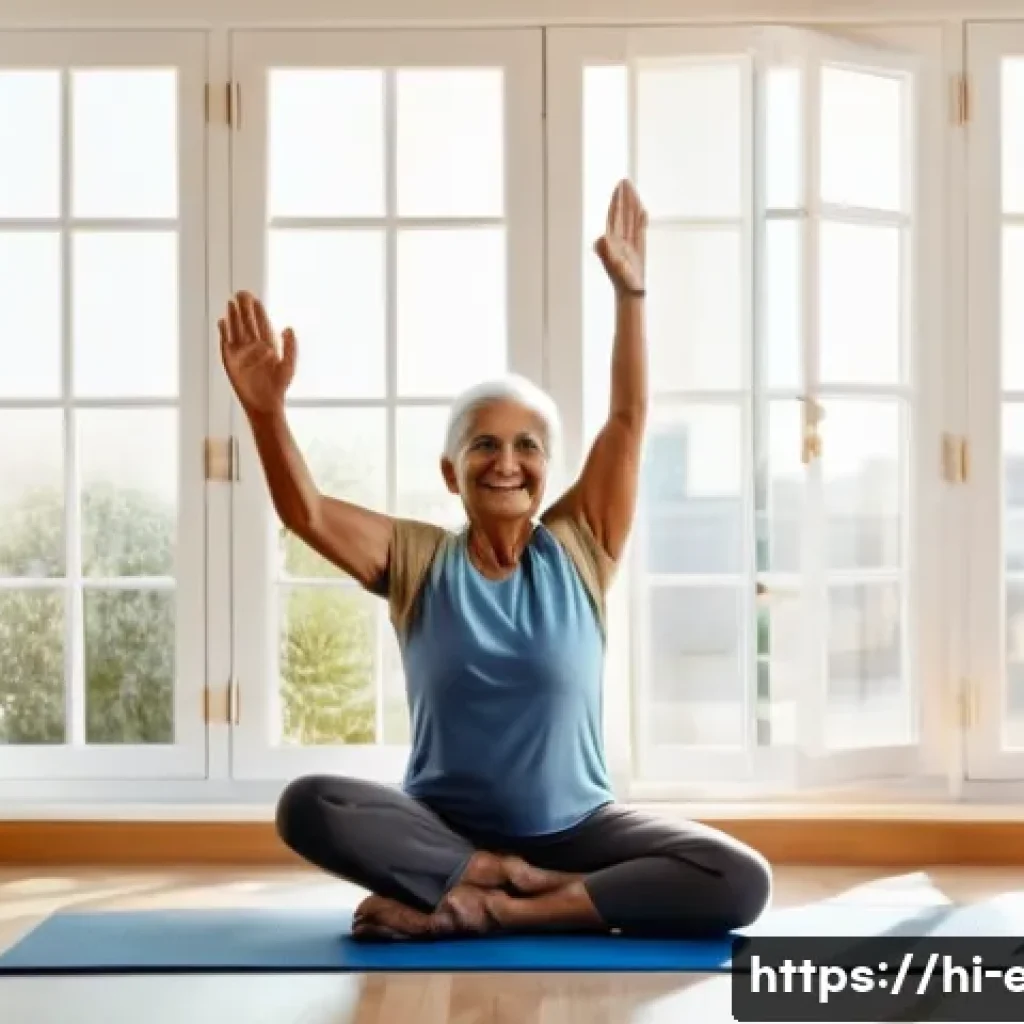 시니어 운동 프로그램 - An elderly Indian man and woman practicing gentle stretching and light weightlifting exercises in a ...
