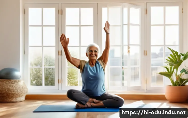 시니어 운동 프로그램 - An elderly Indian man and woman practicing gentle stretching and light weightlifting exercises in a ...