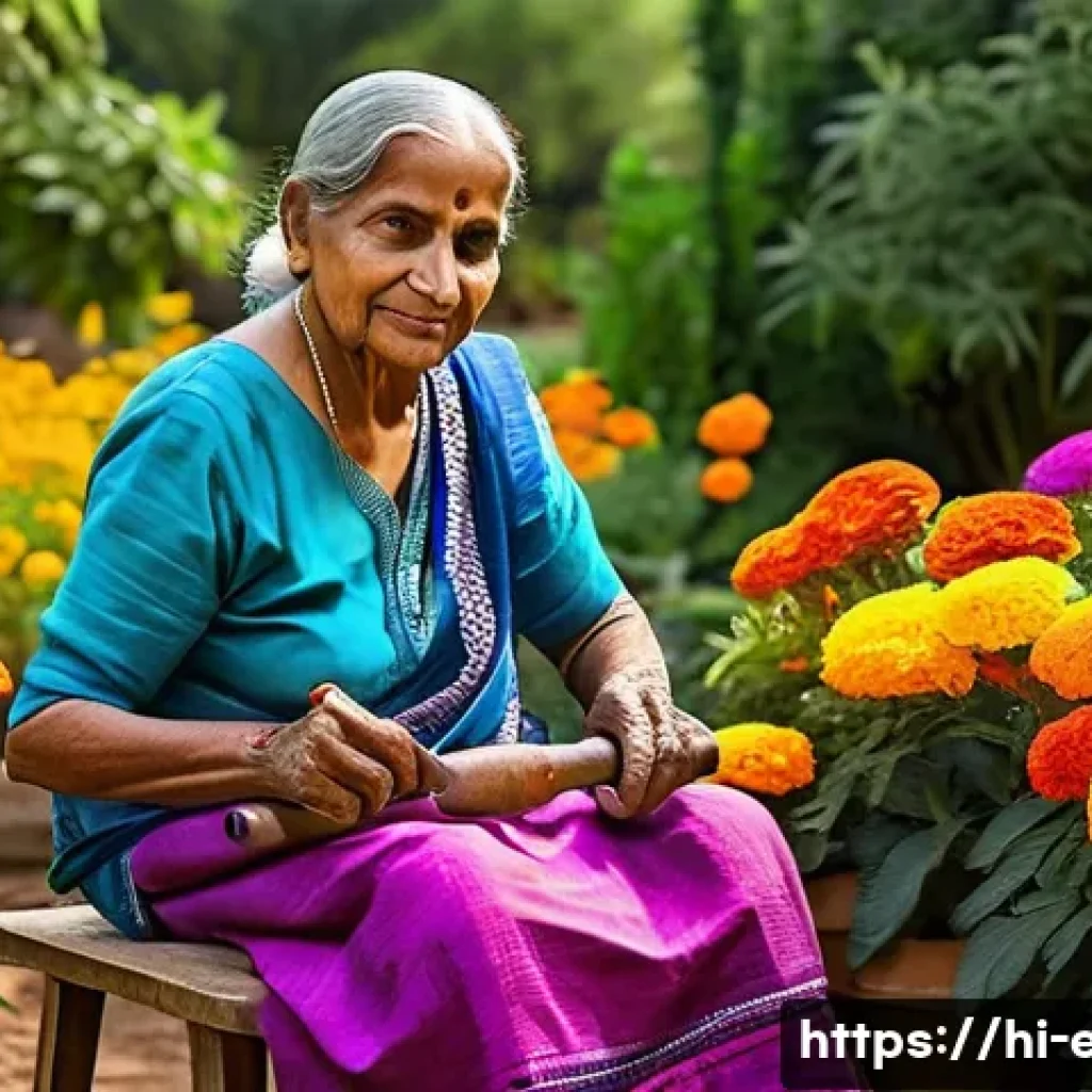 시니어 텃밭 가꾸기 - A serene garden scene featuring an elderly Indian woman wearing comfortable gardening clothes and li...