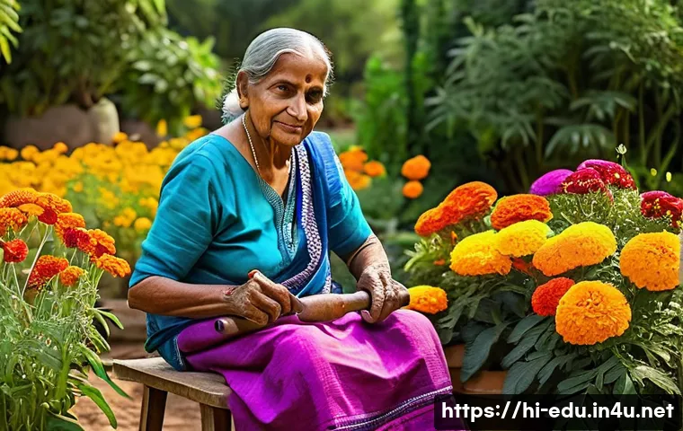 시니어 텃밭 가꾸기 - A serene garden scene featuring an elderly Indian woman wearing comfortable gardening clothes and li...