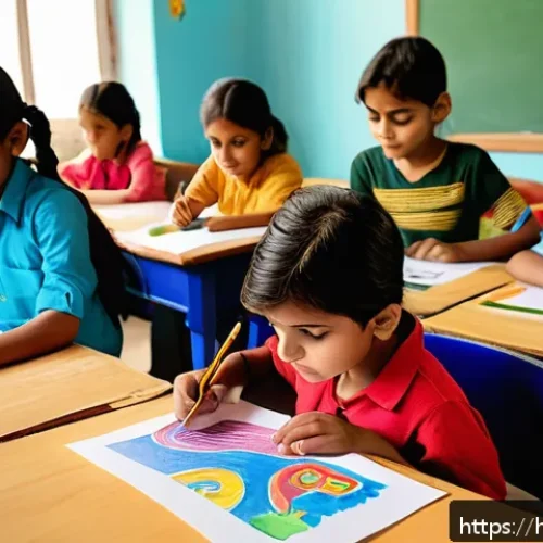 Home 33 어린이 창의적 글쓰기 - A vibrant classroom scene where Indian children are joyfully drawing colorful pictures of imaginativ...