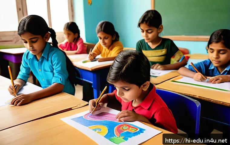 어린이 창의적 글쓰기 - A vibrant classroom scene where Indian children are joyfully drawing colorful pictures of imaginativ...