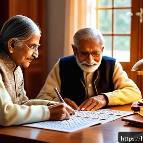 Home 32 시니어 이성적 논리 훈련 - An elderly Indian man and woman sitting at a wooden table in a cozy living room, engaging in mental ...