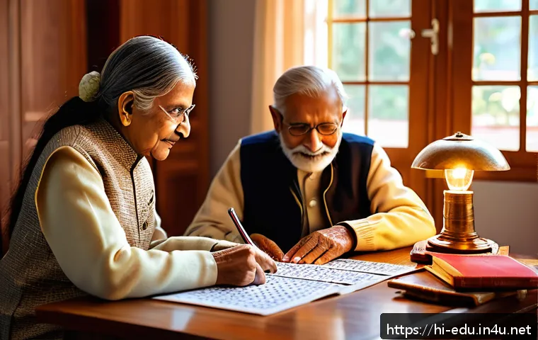 시니어 이성적 논리 훈련 - An elderly Indian man and woman sitting at a wooden table in a cozy living room, engaging in mental ...
