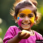 Home 19 어린이 바디페인팅 - A joyful Indian child wearing colorful, water-based body paint in organic patterns on arms and face,...