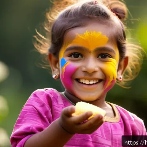 Home 31 어린이 바디페인팅 - A joyful Indian child wearing colorful, water-based body paint in organic patterns on arms and face,...