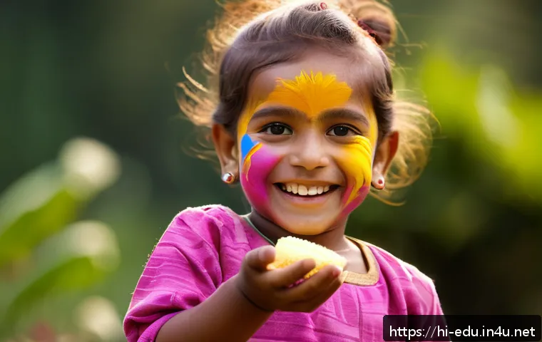 어린이 바디페인팅 - A joyful Indian child wearing colorful, water-based body paint in organic patterns on arms and face,...