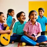 Home 18 아이 영어 동요 - A vibrant classroom scene with young Indian children aged 5-7 joyfully singing English nursery rhyme...