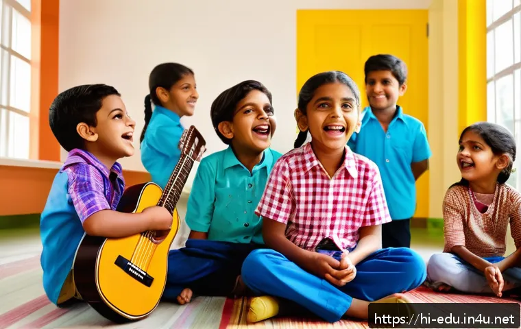 아이 영어 동요 - A vibrant classroom scene with young Indian children aged 5-7 joyfully singing English nursery rhyme...