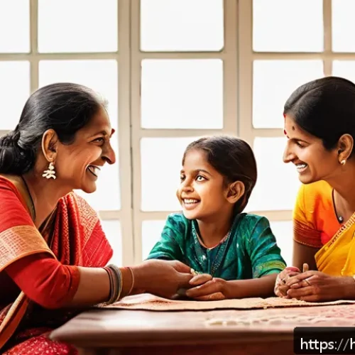Home 17 아이들의 소통 능력 향상 - A warm, lively family scene in a cozy Indian home where parents and children are sitting together ar...